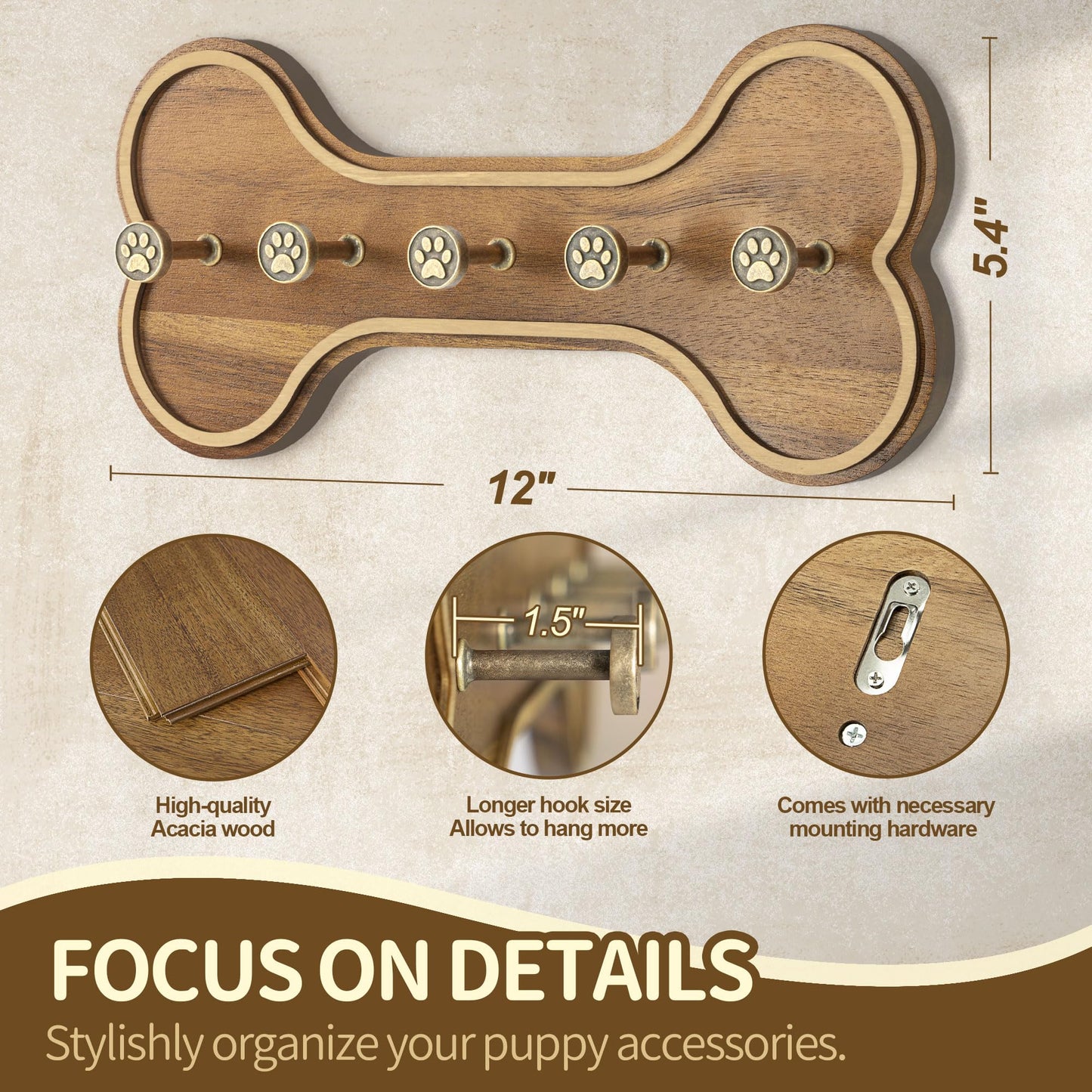 MTERSN Farmhouse Dog Leash Holder for Wall – Dog Stuff Organizer and Dogs Bone Key Holder Wall Mount with 3D Puppy Paw Hooks - Cute Stuff for Pet Lover Gifts (Acacia Wood)