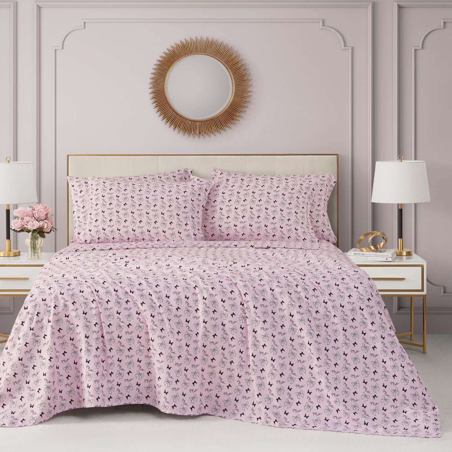 Juicy Couture Printed Microfiber 4-Piece Twin Sheet Set, Polka Dot Bow Toss Light Pink