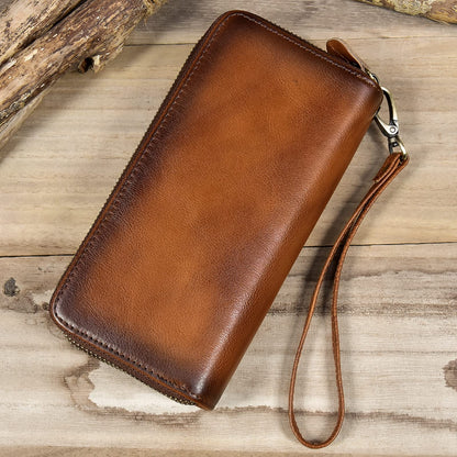 LUUFAN Men's Genuine Leather Clutch Bag Double Zipper Purse 4 Interlayer Zip-Around Wallet (Brown 4)