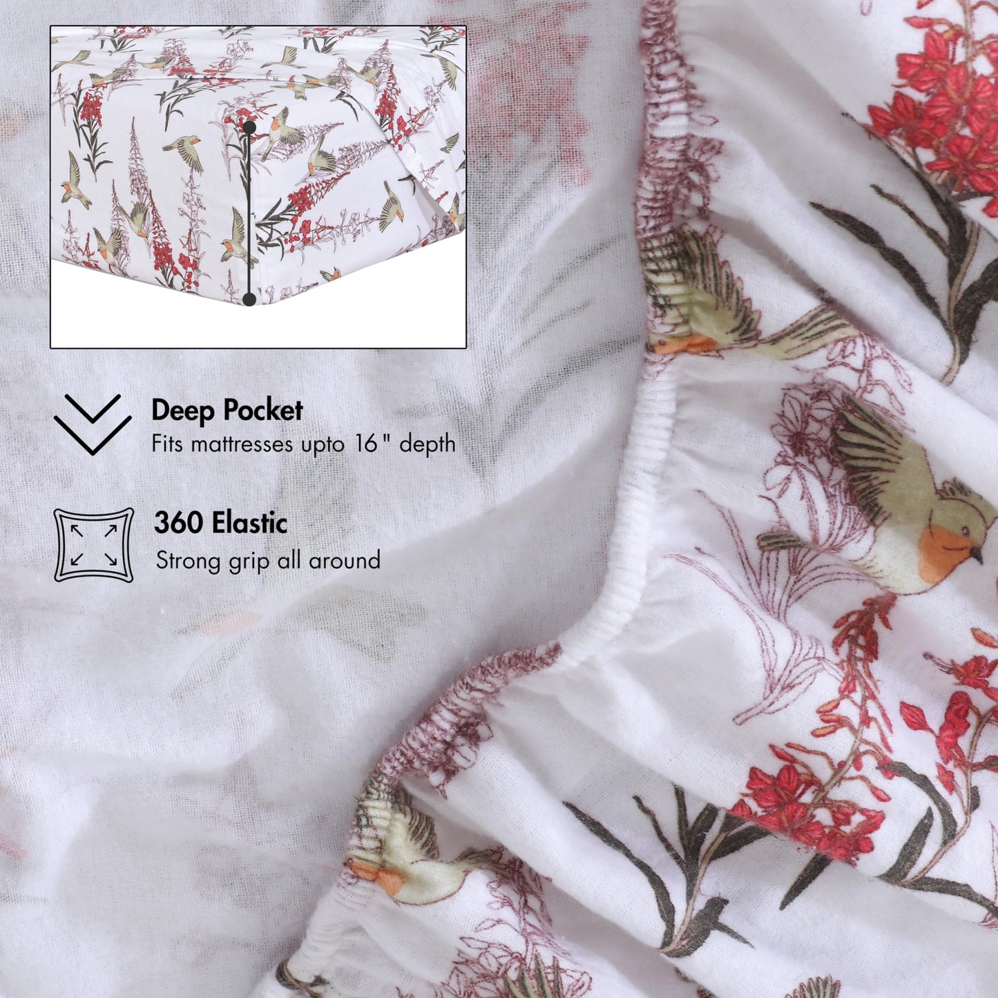 RUVANTI Flannel Sheets Queen Size - 100% Cotton Double Brushed Bed Sheets, Deep Pockets 16 Inches Queen Sheet Set, All Seasons Breathable & Extra Soft - Warm & Cozy, 4 Piece, Garden Song