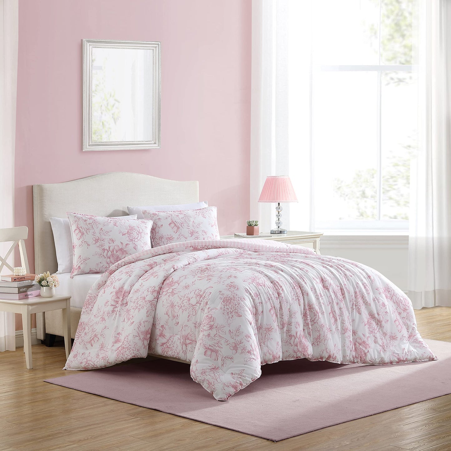 Laura Ashley – Queen Comforter Set, Soft Bedding with Matching Shams, Reversible Floral Room Decor, College Dorm Room Essentials (Delphine Pink)
