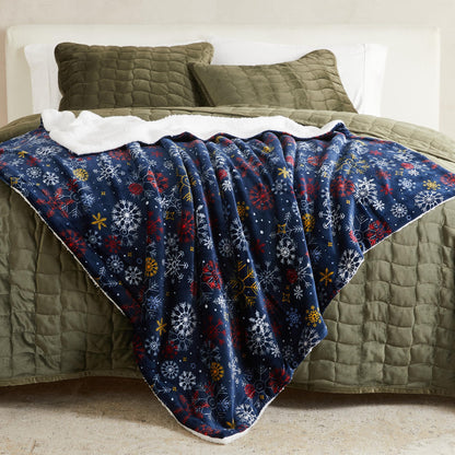 Fleece/Sherpa Christmas Throw - Super Soft Holiday Printed Blanket for Couch, Chair, or Bed - Cozy, Luxurious Plush - 50" x 60", New Snowflake