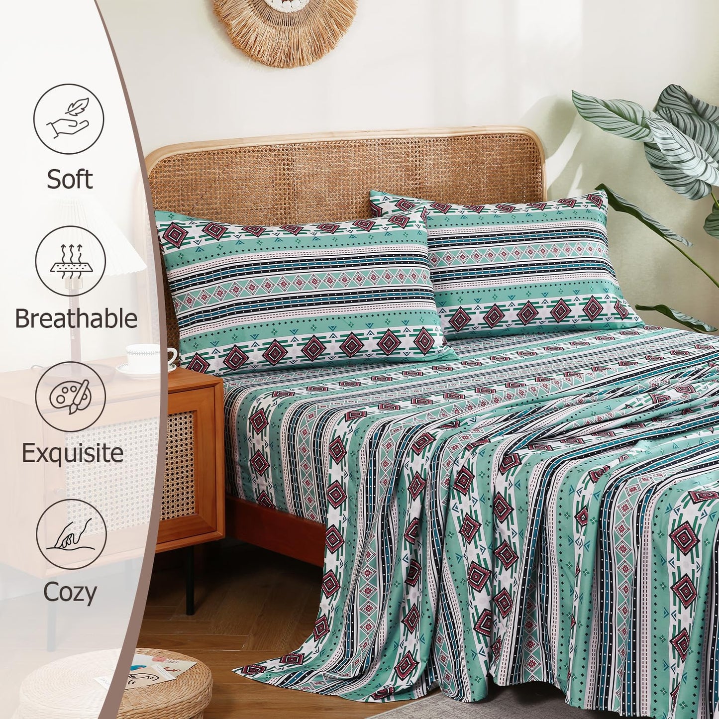 CozySmile 4 Pieces King Sheet Set Bohemian, Boho Sheets Soft Microfiber Deep Pocket, Western Sheets Geometric(King, Mint Coral Striped)