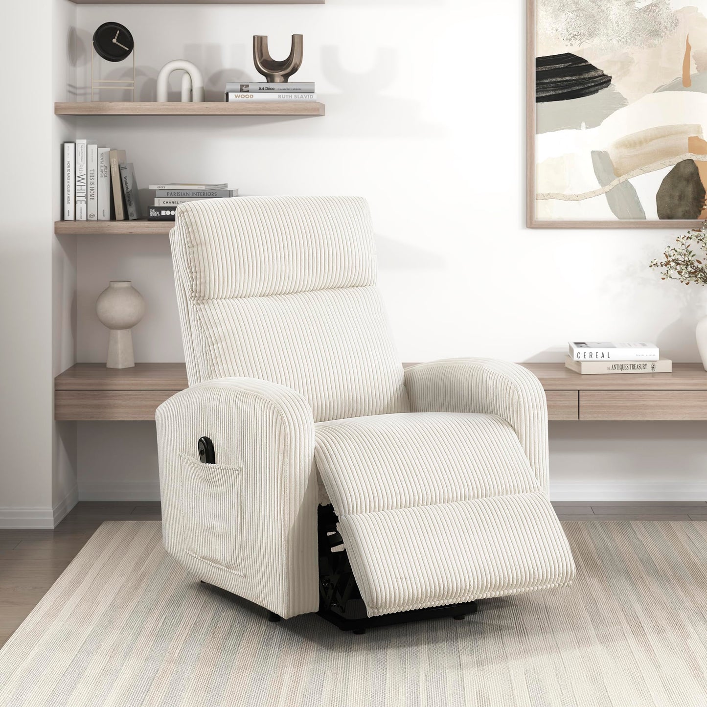 Lexicon Power Lift Recliner Chair for Elderly with Remote Control, Gentle Lift Motion, Side Pocket Armrest, Corduroy Upholstered Electric Recliner for Living Room/Bedroom, Easy Assembly, Beige