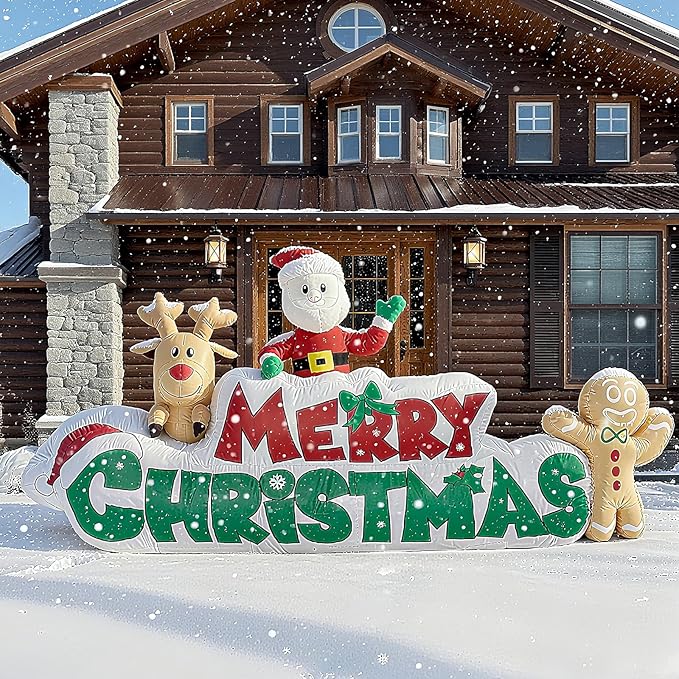 9.5 FT Christmas Inflatable Merry Christmas Sign with Santa, Reindeer & Gingerbread Man, LED Lit in- & Outdoor Decoration for Yard Garden Lawn Winter Decor