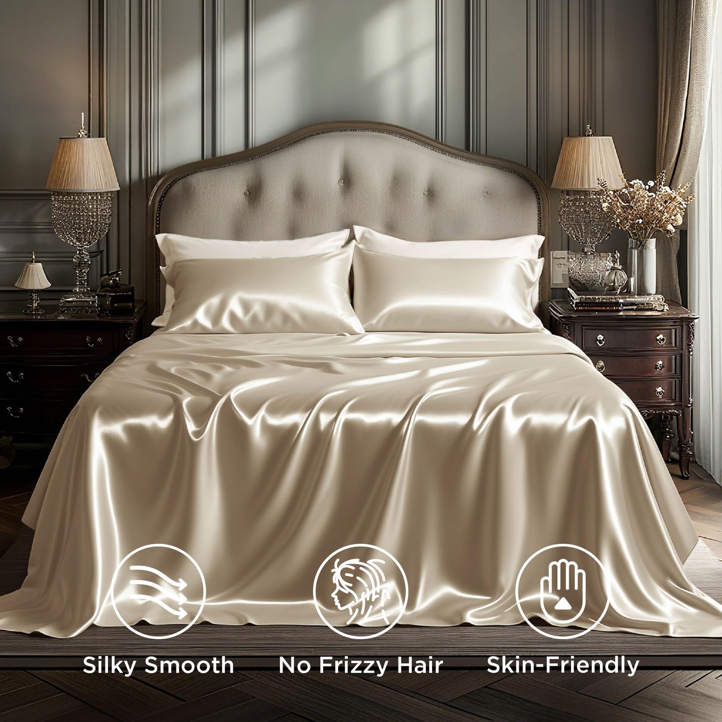 Bedsure Satin Sheets Full Size - 4 Piece Silky Bedsheets with 15 Inches Deep Pocket Fitted Bedsheet,1 Flat Sheet, 2 Satin Pillowcases, Good for Hair & Skin (Full, Champagne)