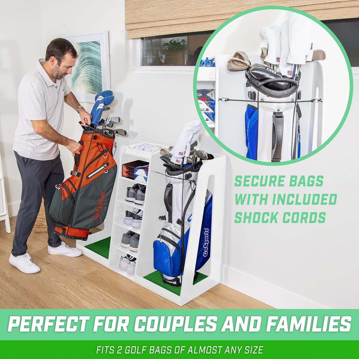 GoSports Premium Wooden Golf Bag Organizer and Storage Rack - Choose Your Style