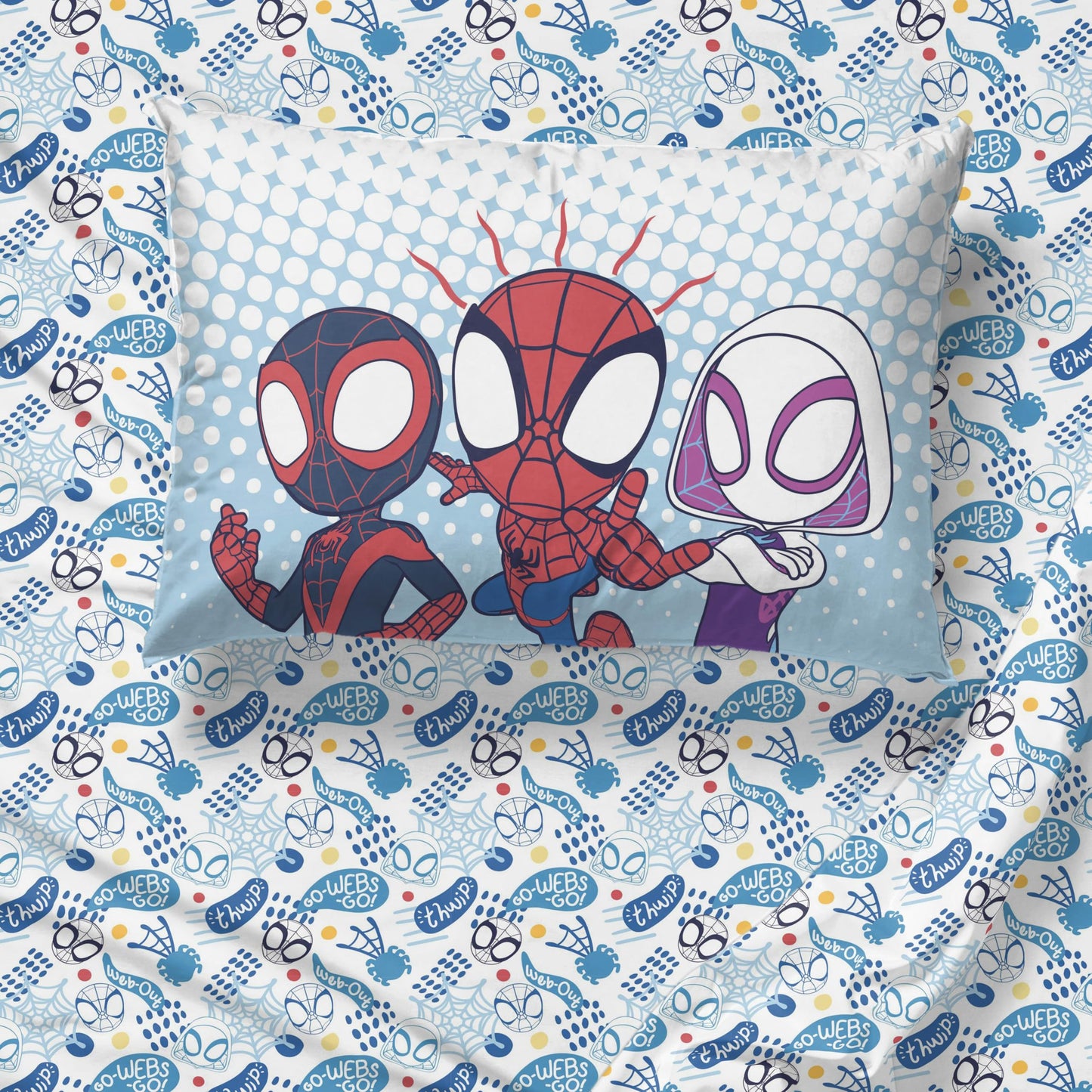 Jay Franco Kids Comforter Set Includes Sheets and Pillow Covers - Soft and Cozy Bed Set for Stylish Room Decor, Light Blue - Spidey & His Amazing Friends, 4 Piece Toddler