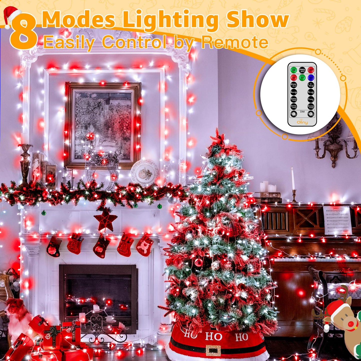 Ollny Christmas Lights Outdoor 800LED 262FT, Red and White Plug in Fairy Lights with Remote, 8 Modes Waterproof Timers Dimmable LED String Lights for Indoor House Outside Bedroom Patio Balcony