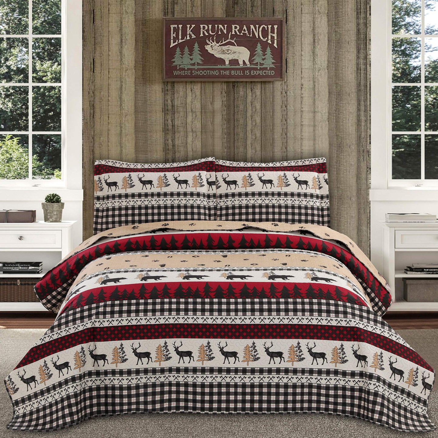 Rustic Quilt Bedding Set Queen Size Bedspread Coverlet Country Quilts Lodge Cabin Bedding Black White Buffalo Plaid Quilts Forest Elk Moose Lightweight Reversible Quilt Bed Spread with 2 Pillow Shams