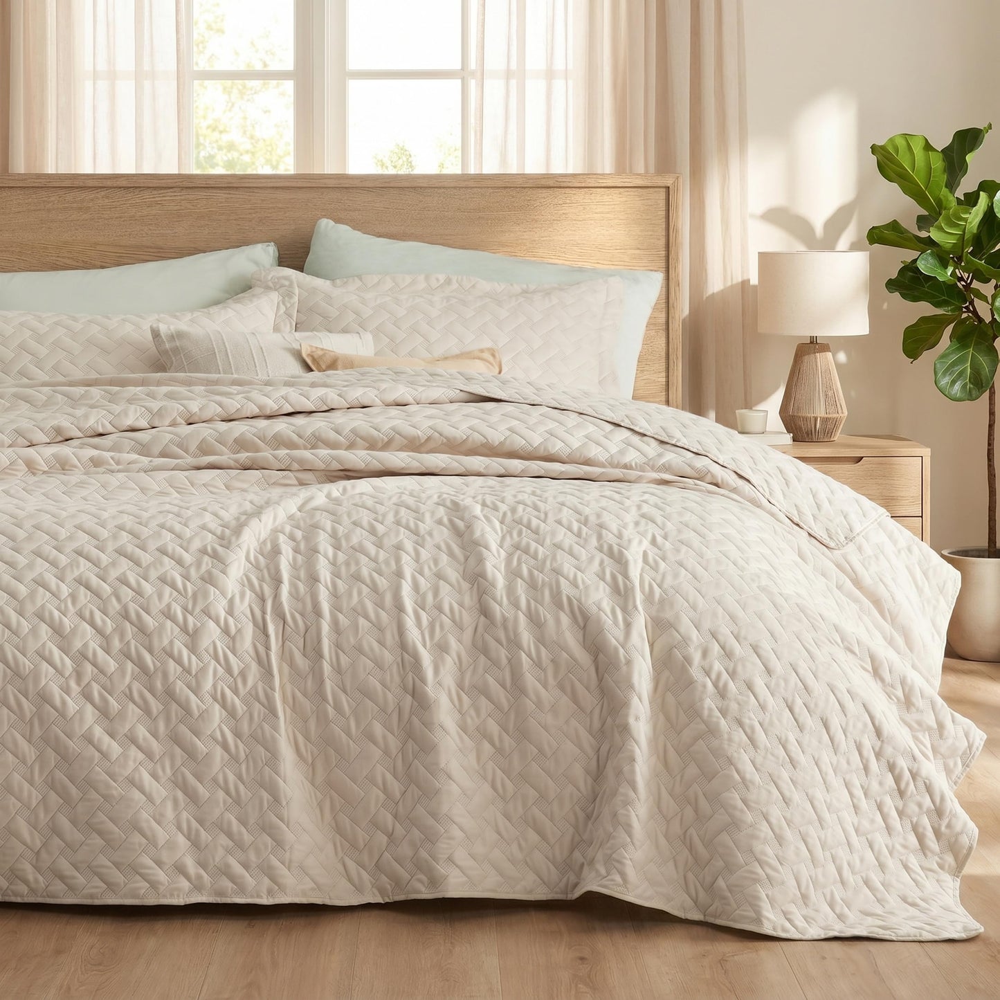 Bedsure Quilts Queen Size - Lightweight Bedspreads Queen Size with Basket Weave Pattern, Soft Quilt Bedding Set, Beige Comforter Set Coverlet for All Seasons with 2 Pillow Shams (90" x 96")
