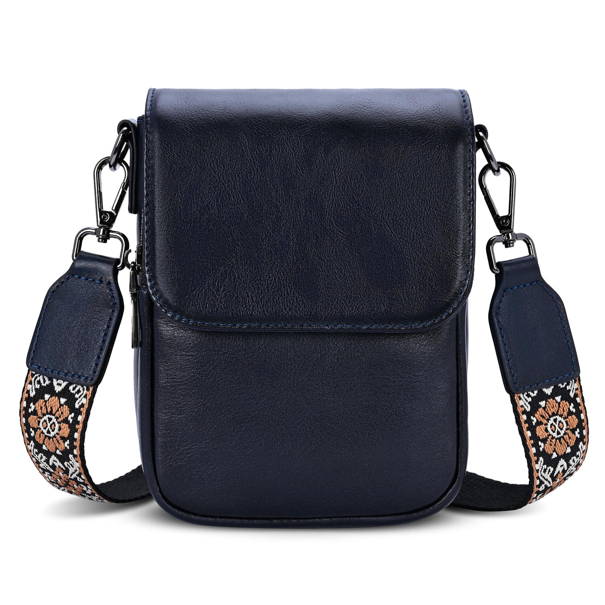 HESHE Leather Small Crossbody Bags for Women RFID Blocking Cell Phone Purse Anti-Theft Travel Bag with wide Straps (Navy Blue)