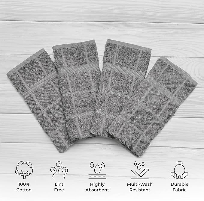100% Cotton Terry Dish Towels, 4 Pack Plain, 16 x26 Inches, Super Soft and