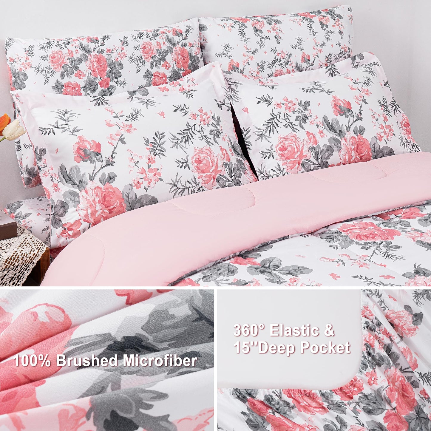 lasoftan Floral King Comforter Set with Sheets, 7 piece Luxury Vintage Bedding, Soft Microfiber Bed in a Bag, Cozy Lightweight Bed Set, Pink Flower Grey Leaf
