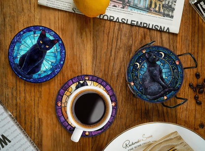 Onebttl Black Cat Gifts for Women, Black Cat Merch Coaster, Set of 6, Ceramic, Absorbent with Cork Base