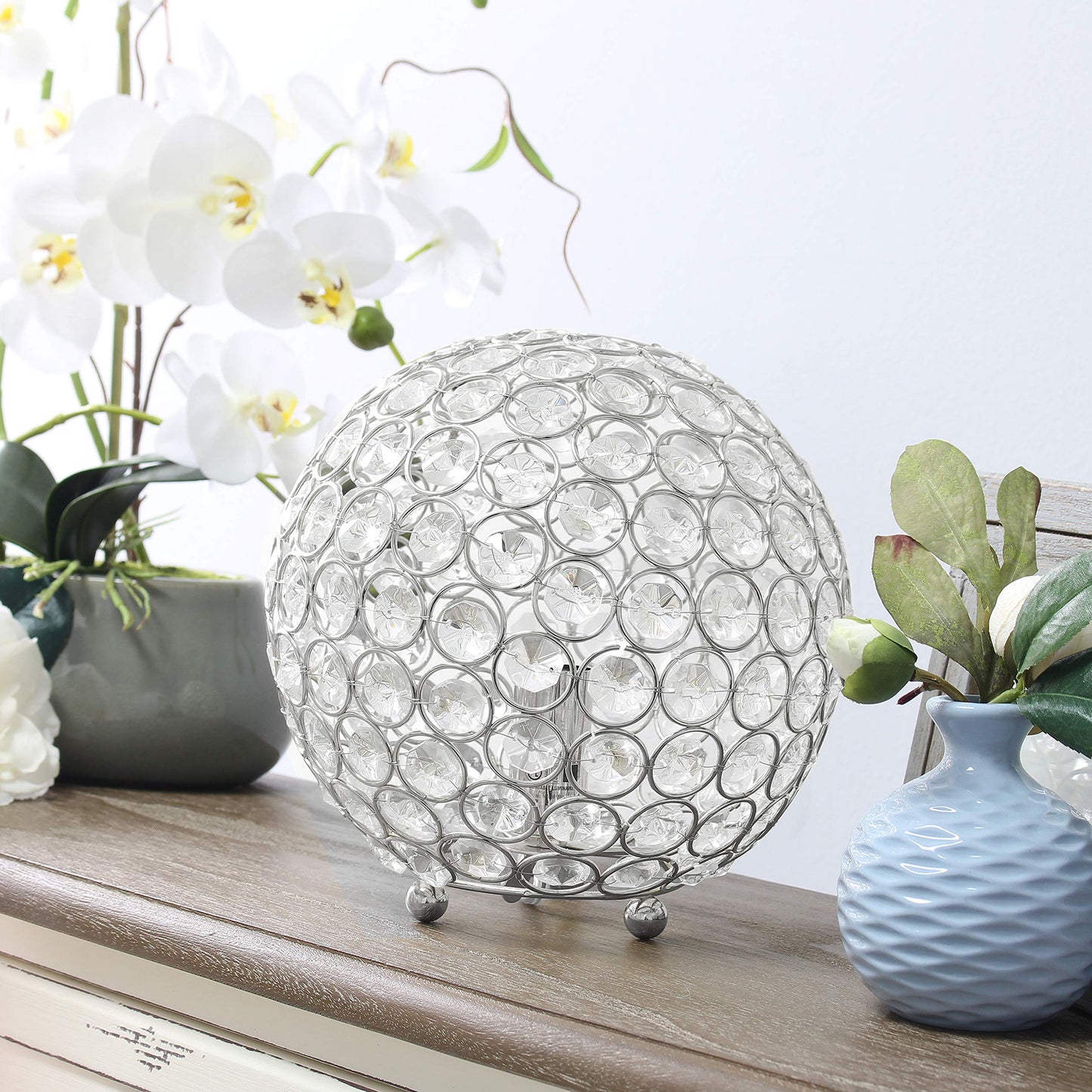 Elegant Designs LT1026-CHR 8" Elipse Crystal Collection Metal Crystal Ball Sequin Table Desk Lamp for Accent Lighting, Décor, Living Room, Chrome