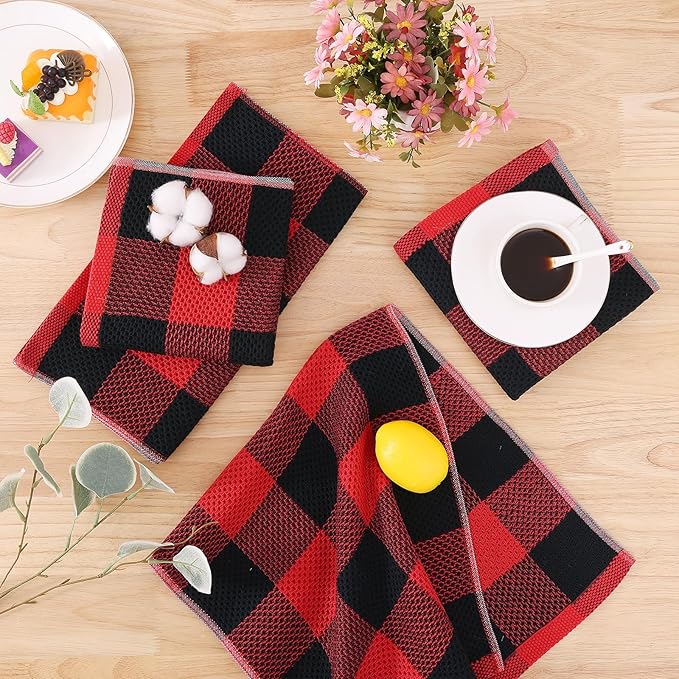 Homaxy 100% Cotton Waffle Weave Check Plaid Dish Cloths, 12 x 12 Inches