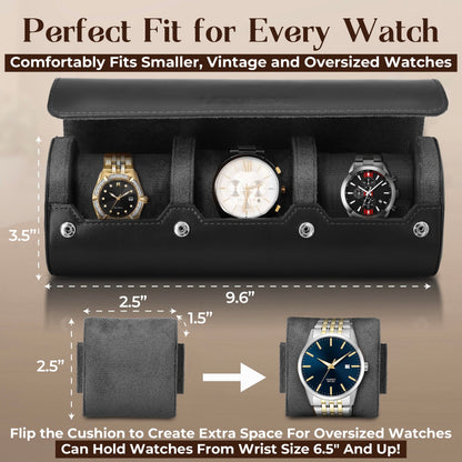 Lux Reve Travel Watch Case 3 slots - Bonus Pouch Included, Portable Watch Box & Home Storage, Gift-Ready, PU Leather Organizer, Angled Easy-Removal Cushions, Velvet Lining, Black