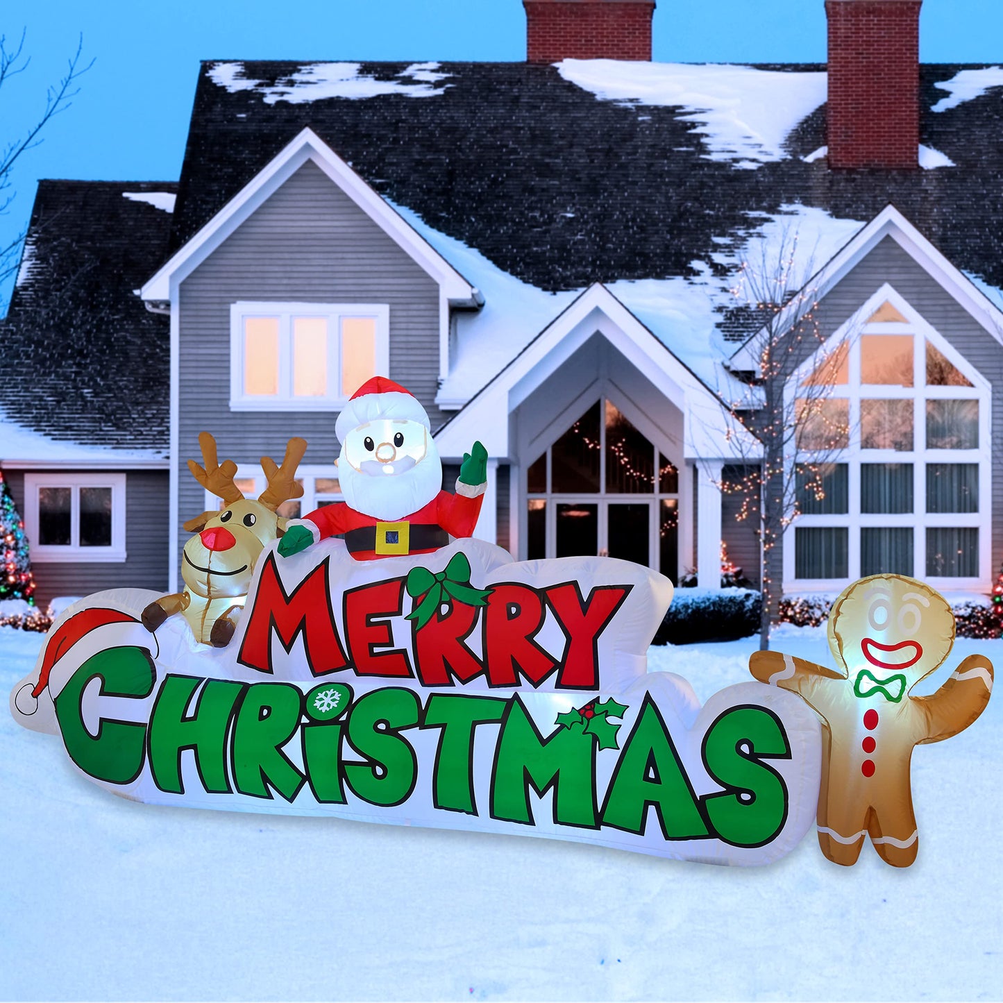 Joiedomi 9.5 FT Christmas Inflatable Merry Christmas Sign with Santa, Reindeer & Gingerman, LED Lit for Outdoor Yard Garden Lawn Winter Decor