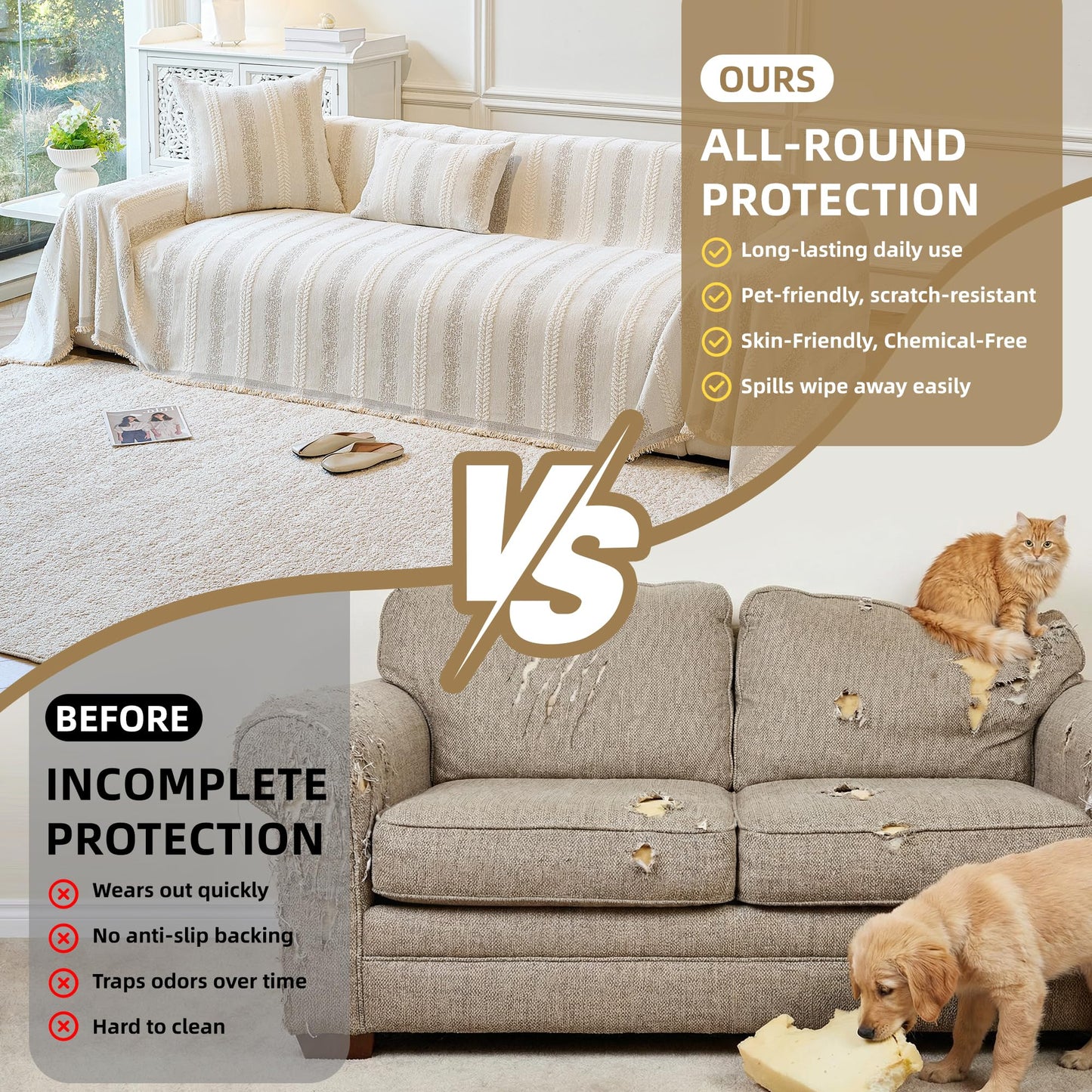 Fuyulacom Couch Cover for Dogs Washable Sofa Cover, Sectional Couch Covers, Sofa Covers for 2 Cushion Couch, Non Slip Stripe Sofa Slipcovers Furniture Protector (Beige, 71x118)