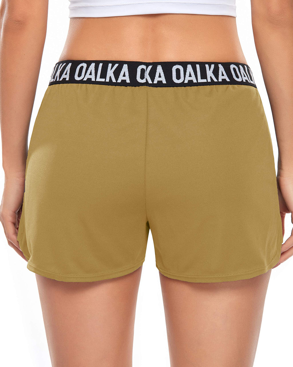 Oalka Women's Running Shorts Out Side Pockets Sports Athletic Workout Fittness Lightweight Gym Shorts Mustard L