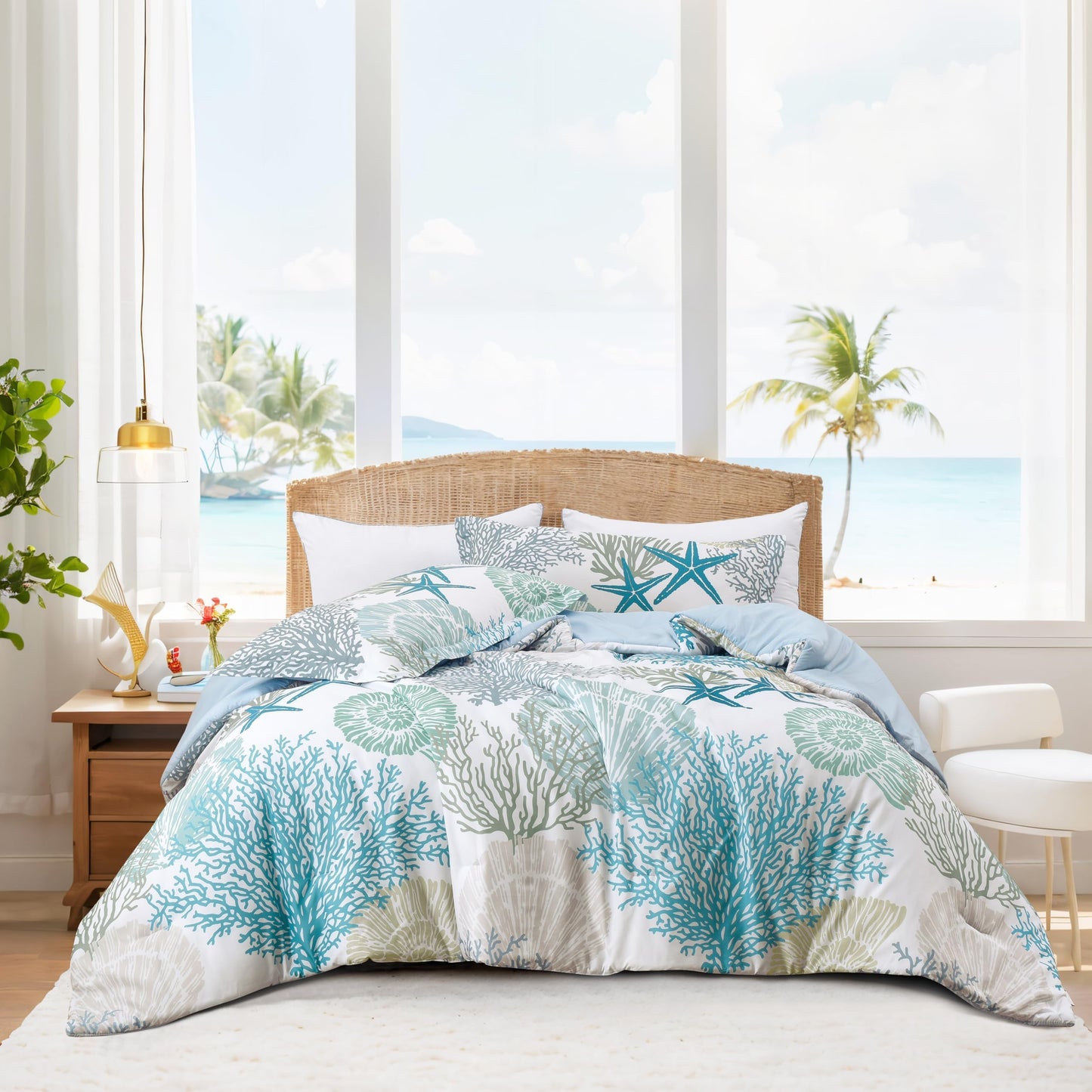 Tritard Coastal Comforter Set King Size 3 Piece, Soft Beach Themed Comforter, Ocean Nautical Lightweight Bedding Sets for All Seasons, (1 Reversible Comforter and 2 Pillow Shams), 104''x90'', C1