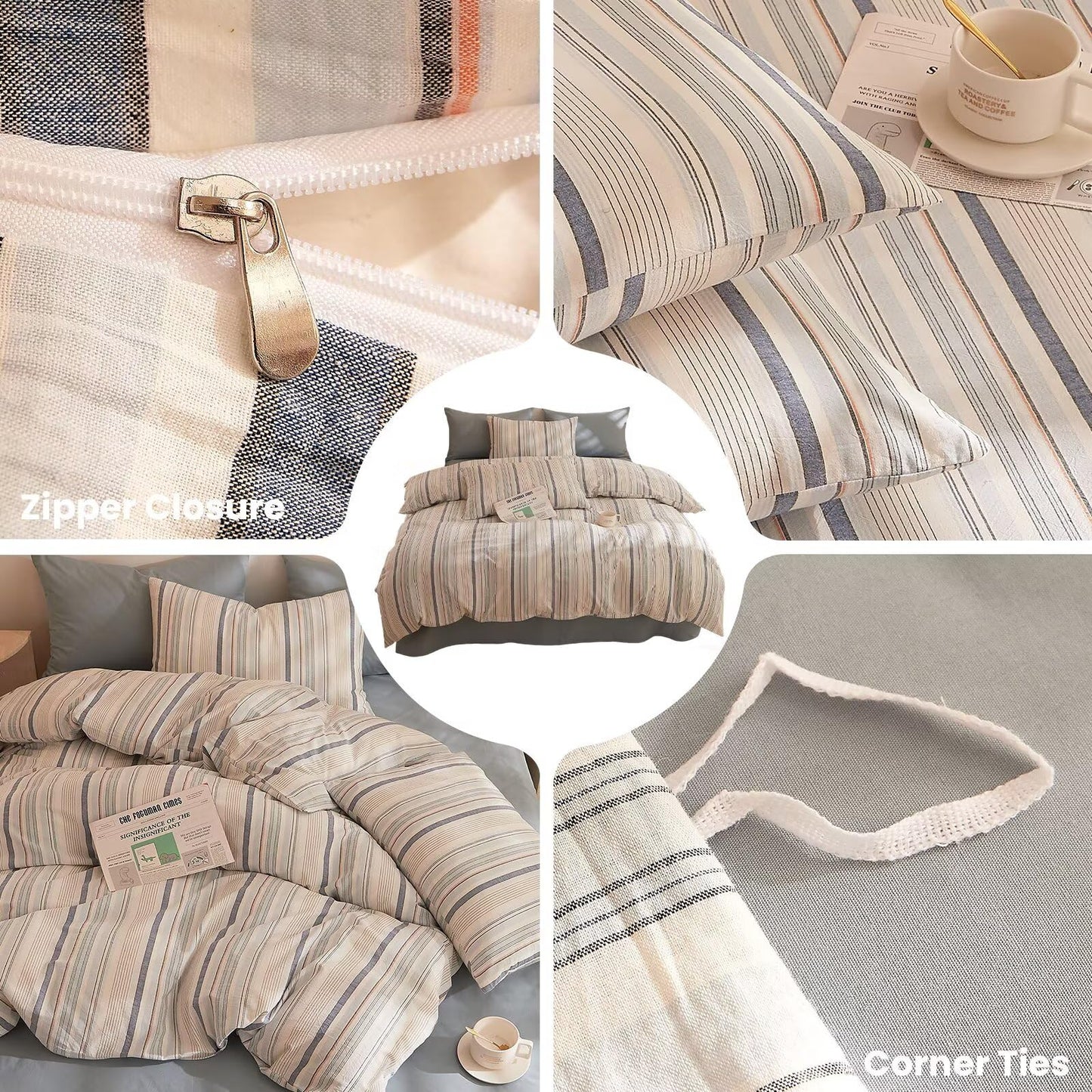AMZTOP 100% Cotton Duvet Cover Set Queen Size Blue Striped Design,Soft Breathable Comfy Washed Cotton Bedding Set for All Season,Chic Simple Zipper Textured Durable Quilt Covers 90"×90"