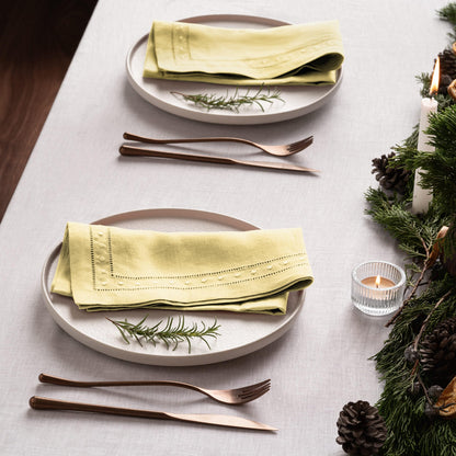 Linen Napkins 18 x 18 inch - 100% Flax Linen Yellow Dinner Napkins with Embroidered Dot 18 x 18 inch - Hemstitch Cloth Napkins Washable for Summer