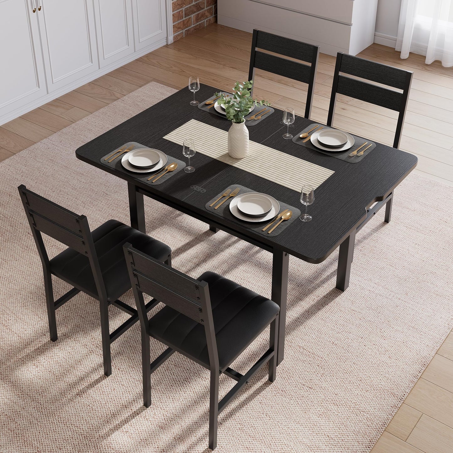 MapleGrace Dining Table Set for 4, Extendable Kitchen Table with 4 PU Leather Upholstered Dining Room Chairs, Wood Kitchen Table Set with Built-in Storage Rack for Dining & Small Spaces, Black