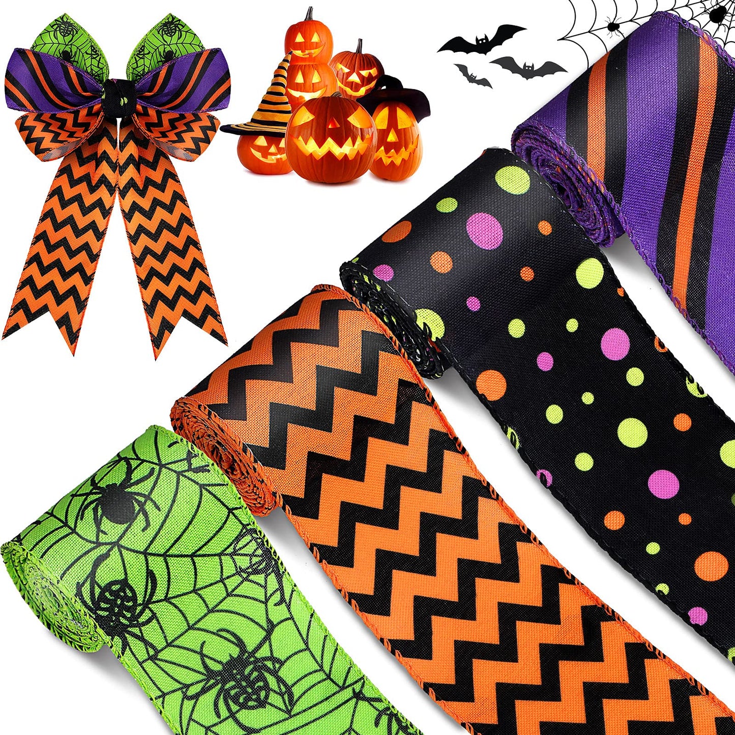 4 Rolls 20 Yards Halloween Wired Edge Ribbon Spider Web Printed Grosgrain Ribbons Halloween Theme Holiday DIY Craft Wrapping Ribbon for Home Party Decor