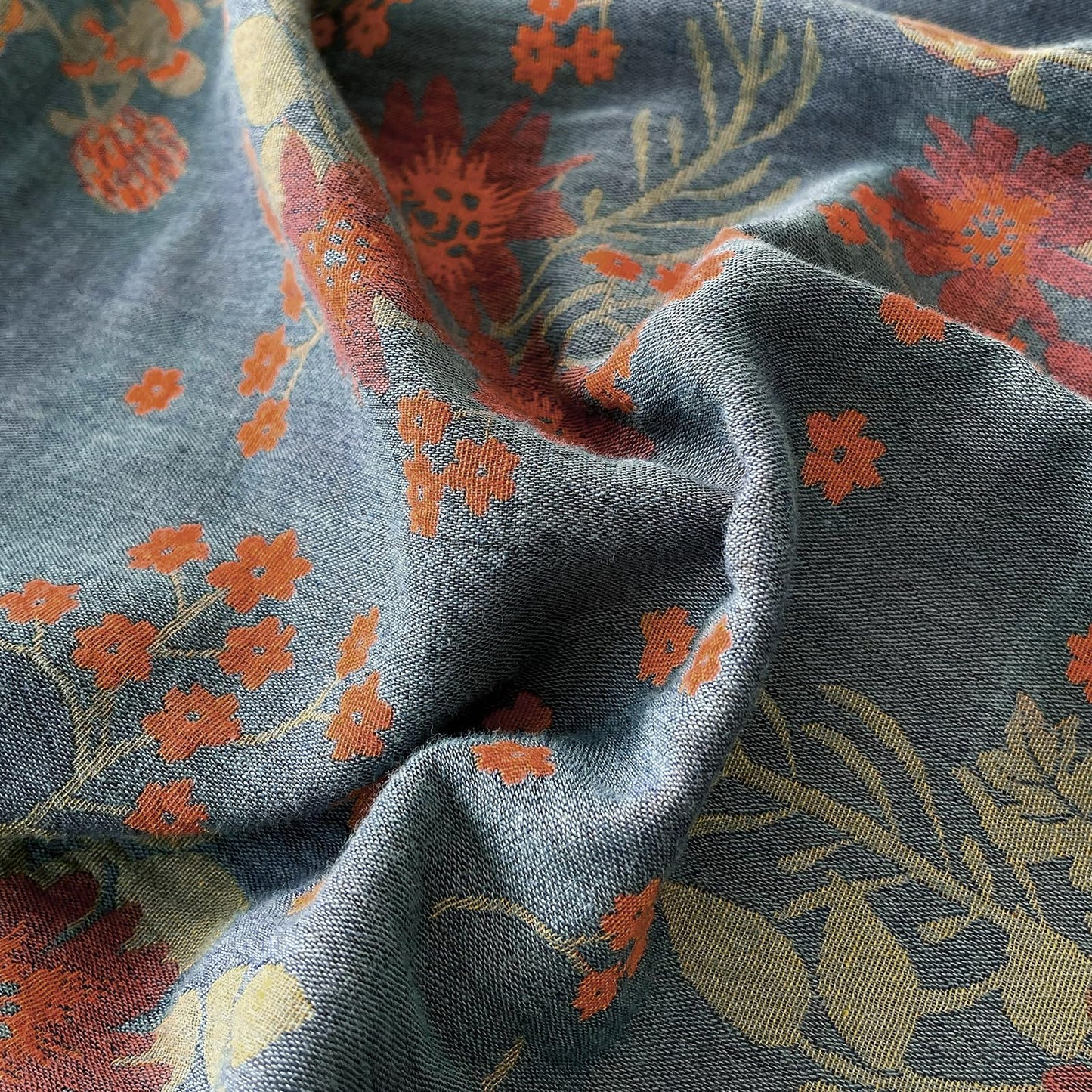 VM VOUGEMARKET Rustic Double Layer Gauze Jacquard Duvet Cover Queen, Dusty Slate Blue with Retro Orange Floral Print, Soft Breathable Boho Comforter Cover with Zipper&Ties