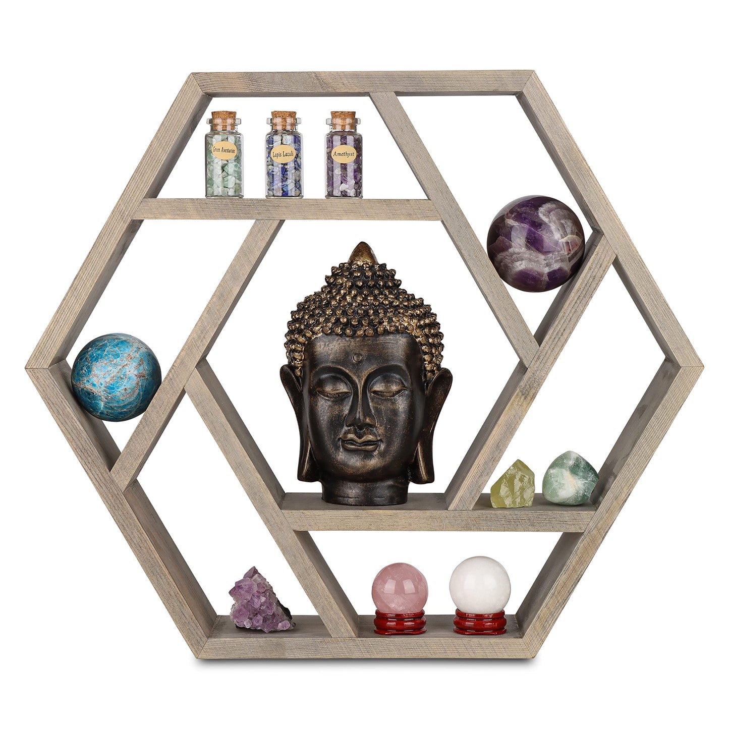 Venture Decor Crystal Display Shelf for Healing Stones and Zen, Essential Oil Shelf for Chakra, Tabletop or Floating Hexagon Shelves for Meditation, Buddha and Spiritual Decor
