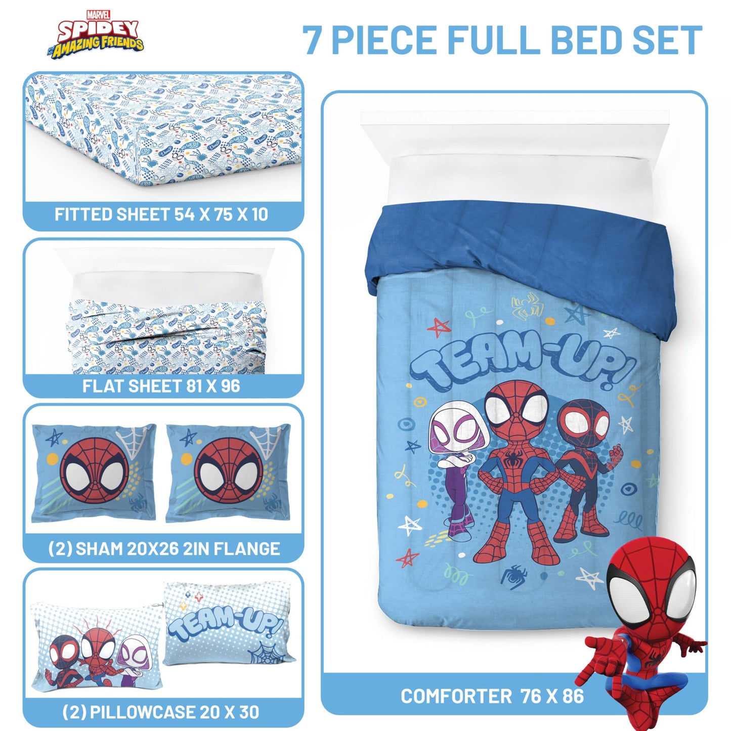 Jay Franco Kids Comforter Set Includes Sheets and Pillow Covers - Soft and Cozy Bed Set for Stylish Room Decor, Light Blue - Spidey & His Amazing Friends, 7 Piece Full Bedding