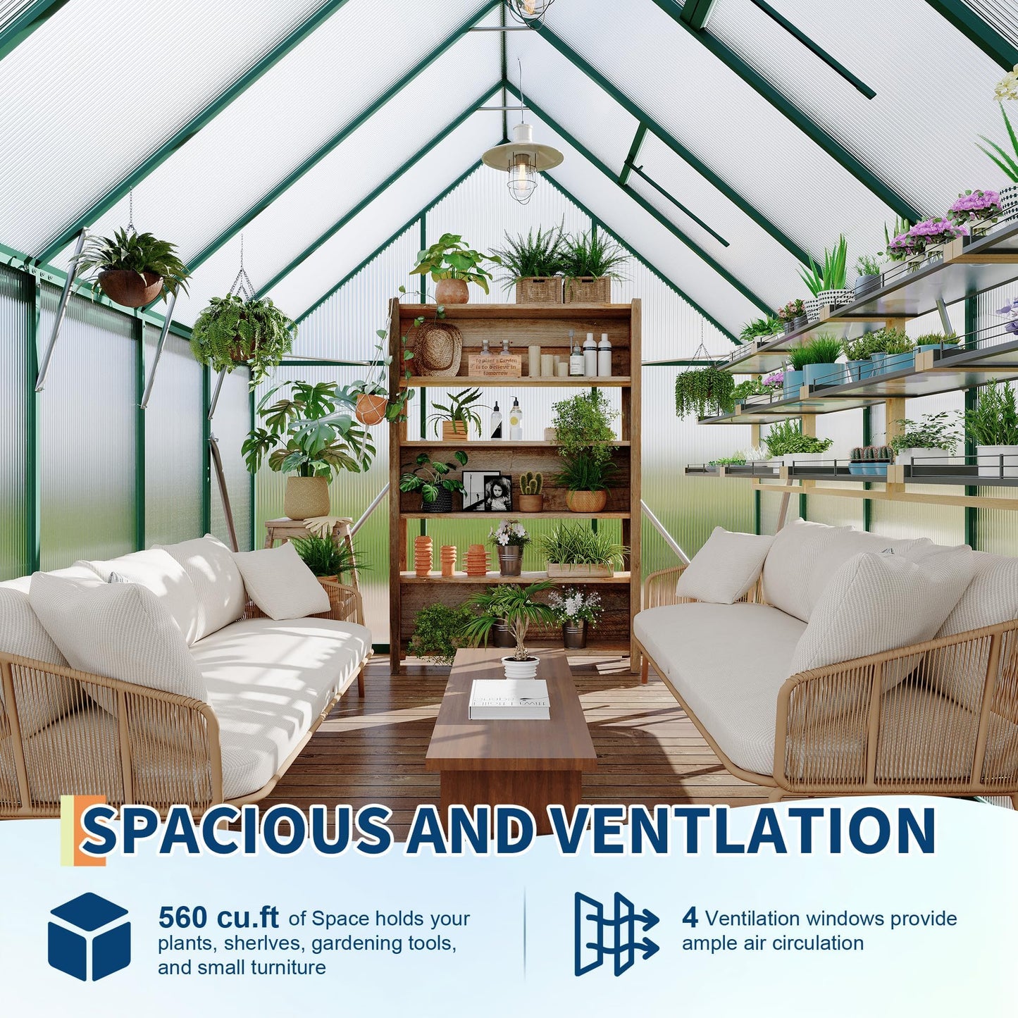 CABIHOME 8x10 FT Outdoor Greenhouse, Polycarbonate Greenhouse with Roof Vent and Ground Nails, Aluminum Large Walk-in Green House w/ Lockable Push Door for Outdoor Garden (Olive, 8x10 FT)