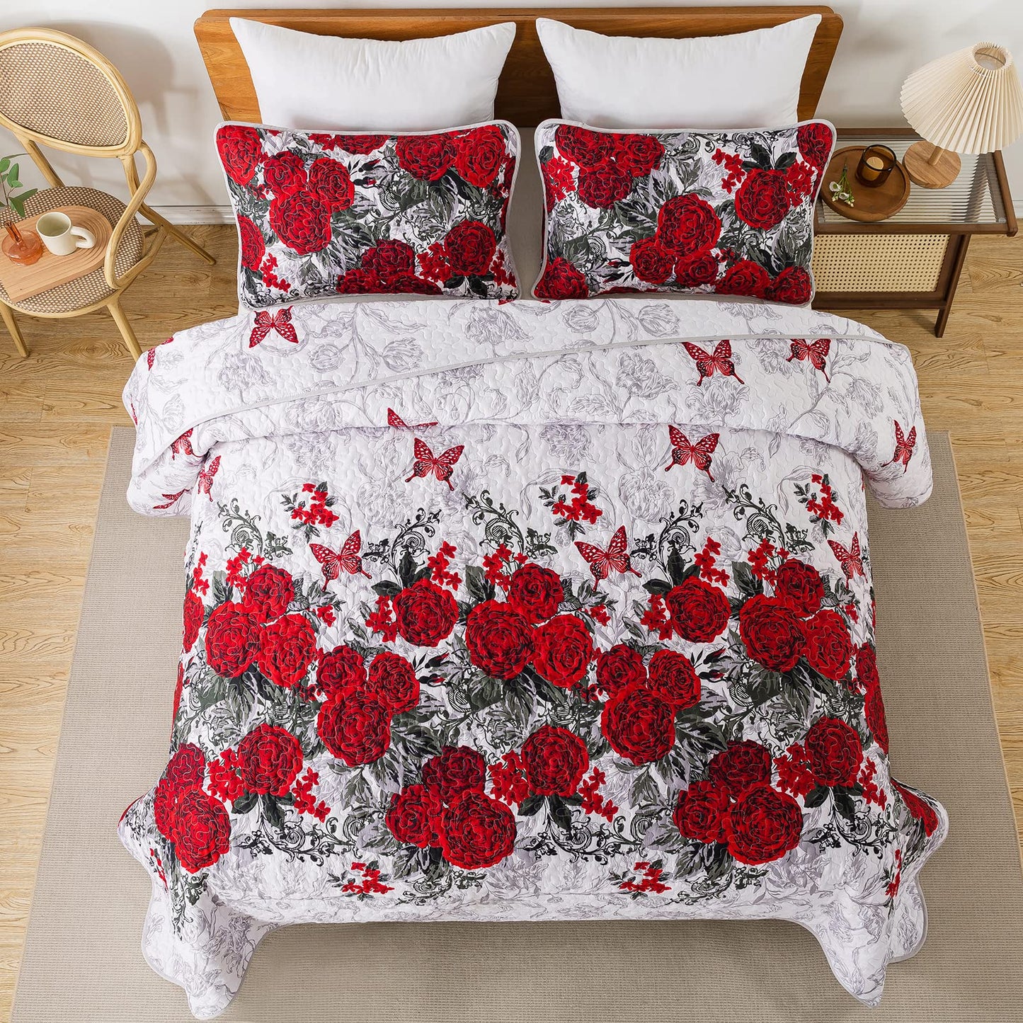 Yiran Red Floral Bedspreads Queen Size Rose Flowers Quilt Bedding Set 3 Pieces Lightweight Microfiber Botanical Coverlet with 2 Pillow Shams for All Season 96x90 Inch