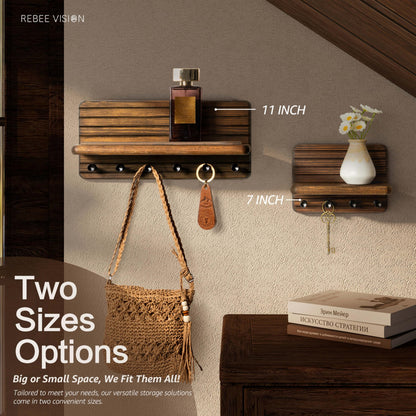 Rebee Vision Farmhouse Key Holder Wall Mount for Home Decor – Decorative Pine Wooden Key Holder for Wall with 6 Hooks & Floating Shelf - Rustic Charm for Room Decor Aesthetic (Brown)