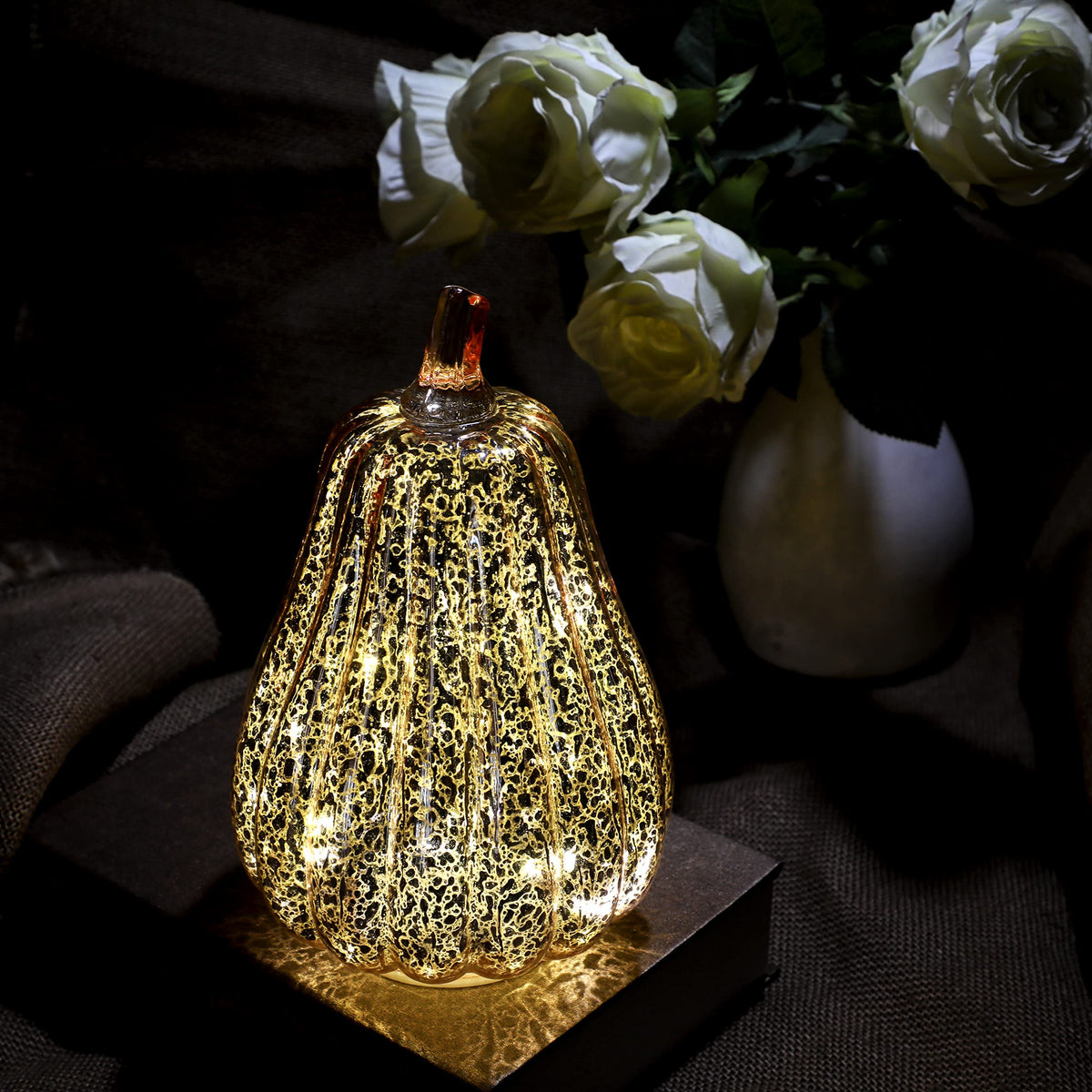 Romingo Mercury Glass Pumpkin Light with Timer for Halloween Pumpkin Decorations Fall and Thanksgiving Decor, Rose Gold, 8.7 inches
