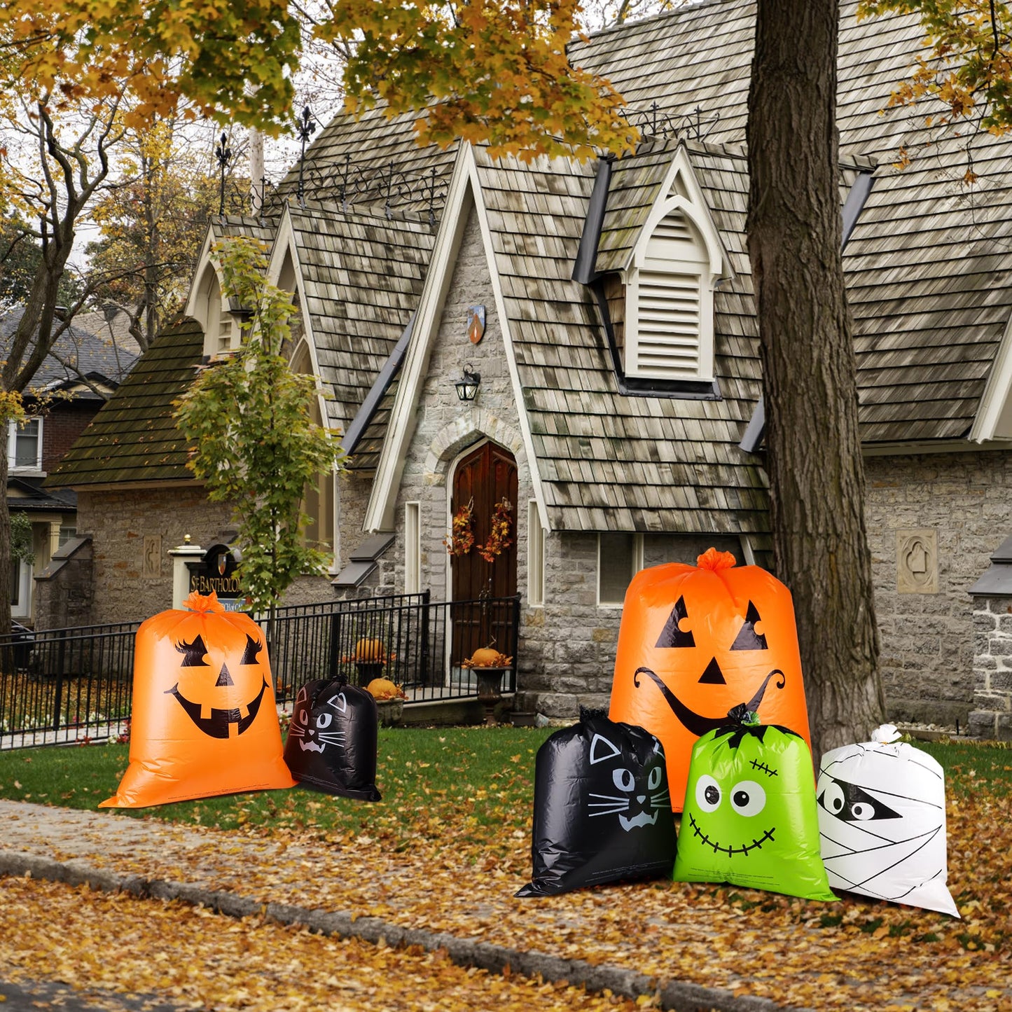 POPGIFTU 12 Pack Halloween Lawn Leaf Bags - Heavy Duty Plastic Trash Bags with Twist Ties, 6 Designs Large Pumpkin Yard Waste Bags for Garden, Lawn, Porch, Indoor Outdoor Halloween Decorations
