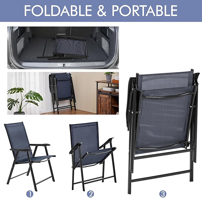Yaheetech Outdoor Patio Chairs Set of 4, Portable Dining Chairs with Armrests for Camping, Lawn Yard Beach, Folding Outdoor Chairs 4-Pack with Metal Frame, Navy Blue