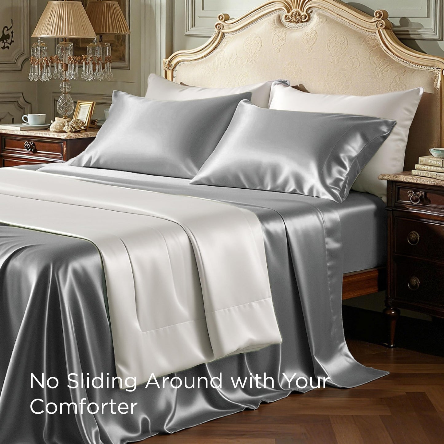Bedsure Satin Sheets Full Size - 4 Piece Silky Bedsheets with Elastic Corner Straps and 15 Inches Deep Pocket Fitted Bedsheet,1 Flat Sheet, 2 Satin Pillowcases, Good for Hair & Skin (Full, Dark Grey)