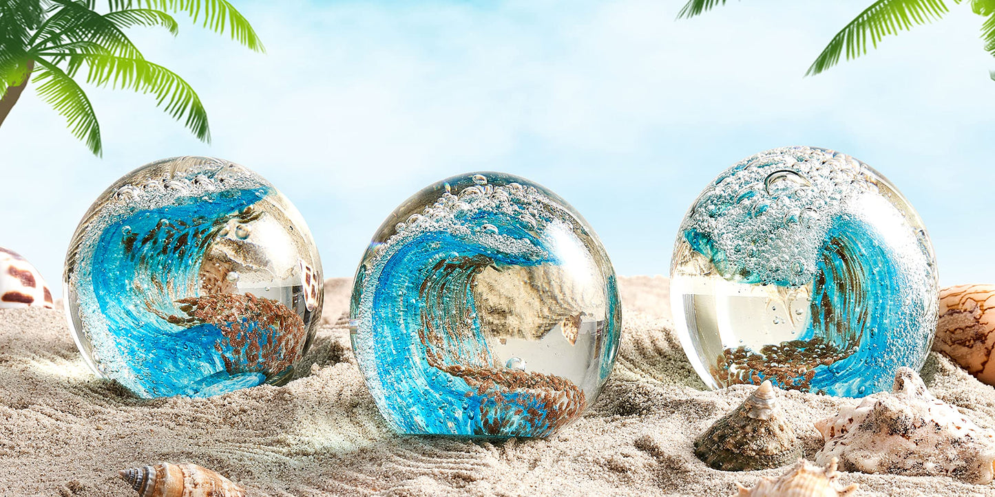 EUSTUMA Hand Blown Glass Figurines Ball Ocean Waves,Office Paperweight Glass for Desk,Home Decor Collectible,Aquarium Decor,Office Decor Ocean Lovers (Blue)
