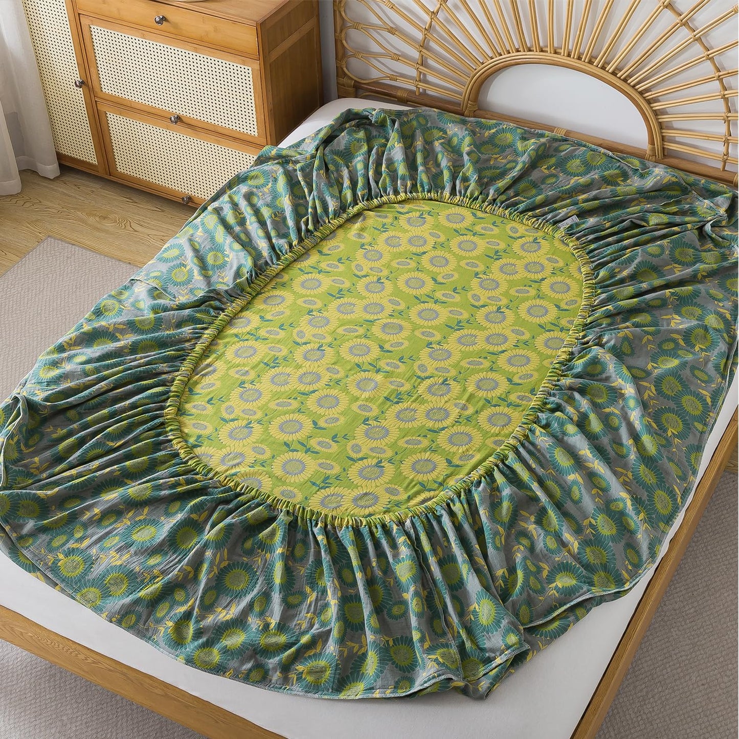 FADFAY Double Gauze 100% Cotton Queen Sheet Set, Soft Floral Sunflower Bedding, Deep Pocket Fitted Sheet, Shabby Vintage Countryside Style Breathable Bed Sheets, 4-Piece
