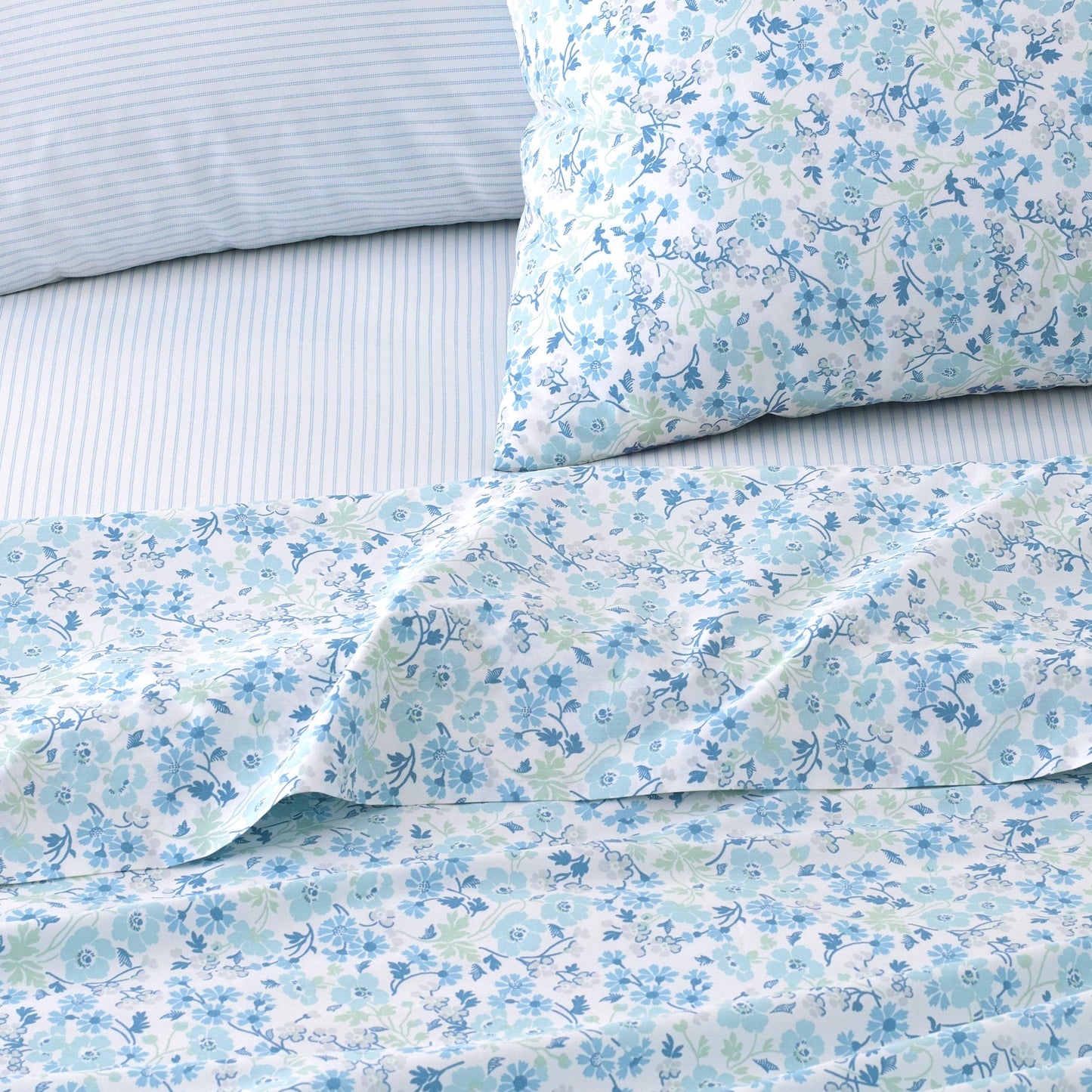 Laura Ashley - King Sheets, Cotton Percale 6-Piece Bedding Set, Crisp & Cool Home Decor (Jaynie Pastel Blue, King)