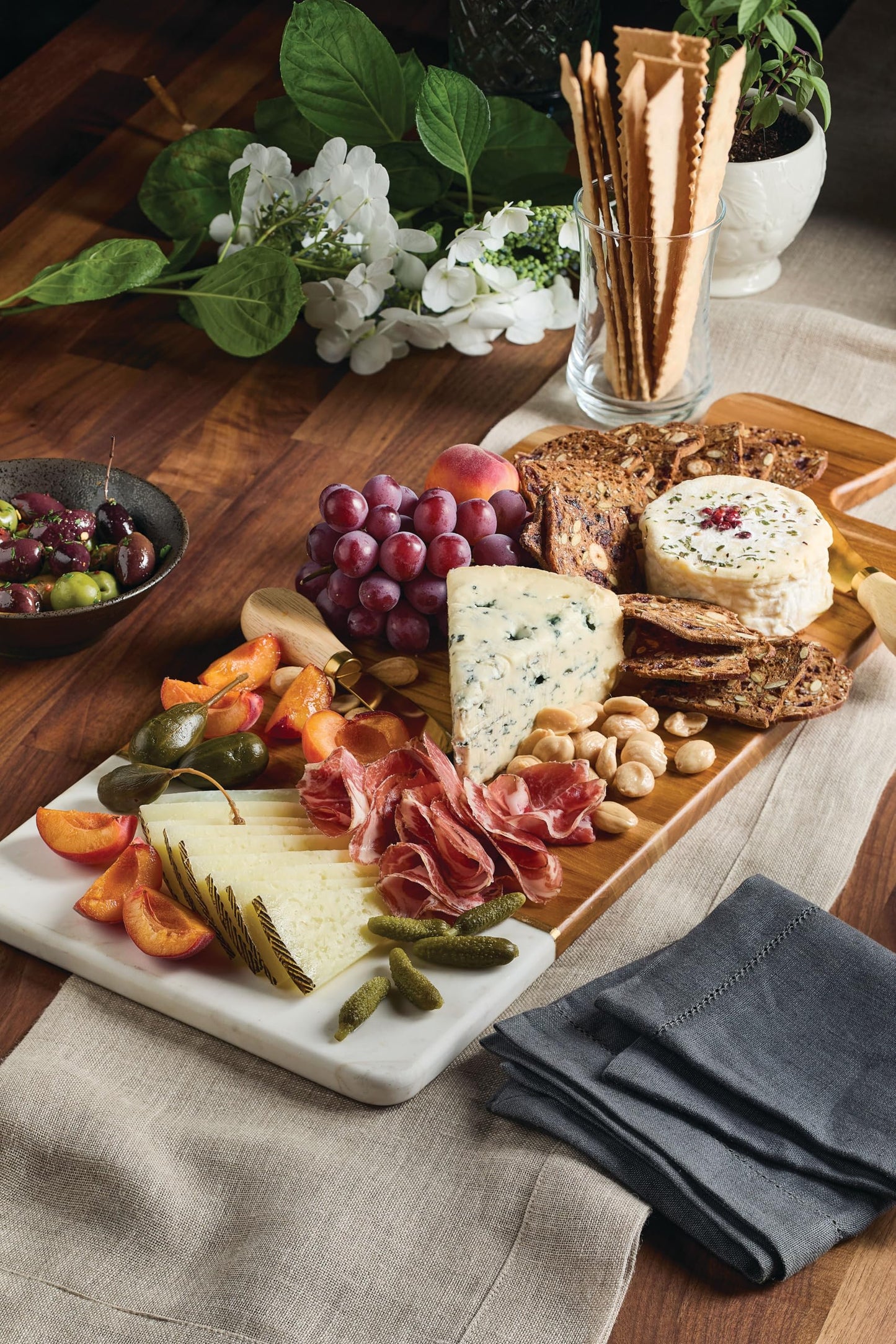 Anolon Pantryware Teak Wood and Marble Cutting Board / Teak Wood and Marble Serving Board - 9.5 Inch, Brown