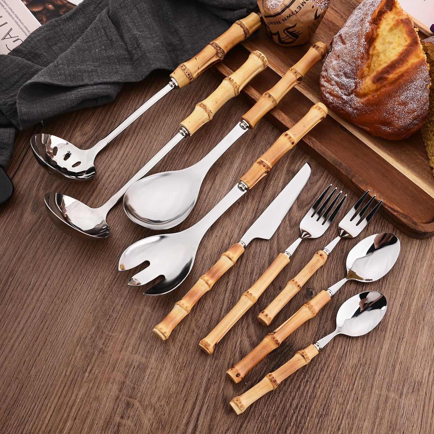 Uniturcky Soup Ladle and Slotted Spoon Set, 304 Stainless Steel Serving Utensils with Natural Bamboo Handle, Soup Spoons For Serving Gravy Hot Pot Or Restaurant, 10.2 Inch, 4 PCS / 2 of Each
