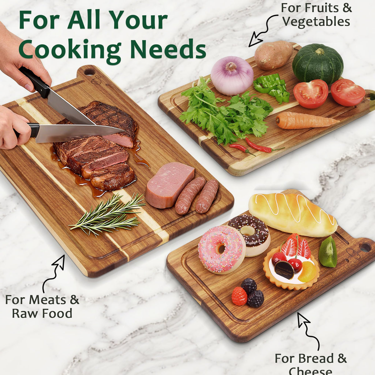 3 Pack Cutting Board Set, Acacia Wood Cutting Boards for Kitchen, Chopping Board with Deep Juice Grooves & Built-in Handle, Charcuterie & Chopping for Meat, Vegetables and Cheese