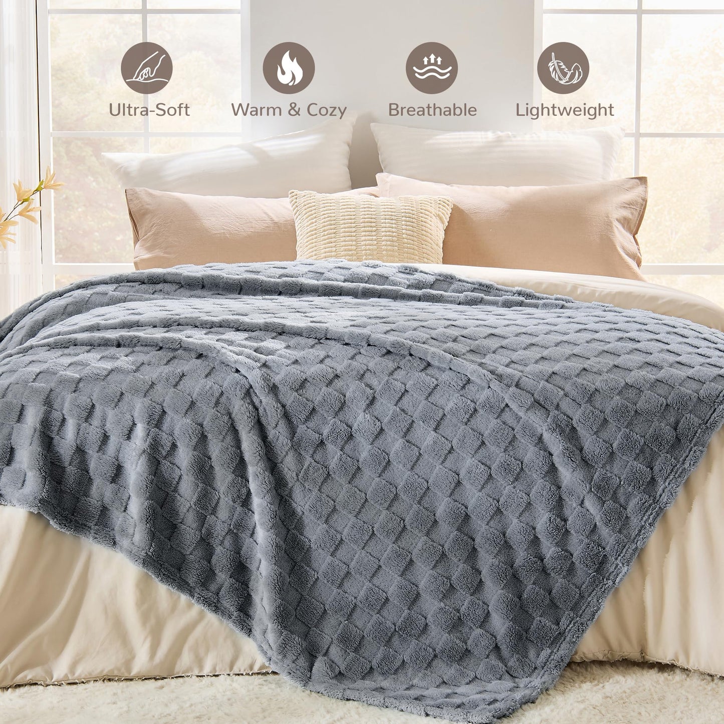 SUPRYNEX Silver Gray Textured Checkered Throw Blanket, 330GSM Soft Plush Fleece Blanket for Couch Sofa Travel, Cozy Decorative Giftable Home Blanket, 50x70 Inches