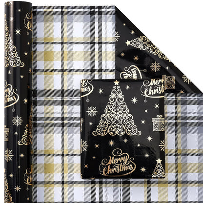 EWES Black Christmas Wrapping Paper Rolls Set, Cute Princess Kids Thick Aesthetic Elegant Girls Girly Heavy Duty Gift Wrap Sheets,Patterns with Christmas Tree,Reversible,Total 48.6sq.ft