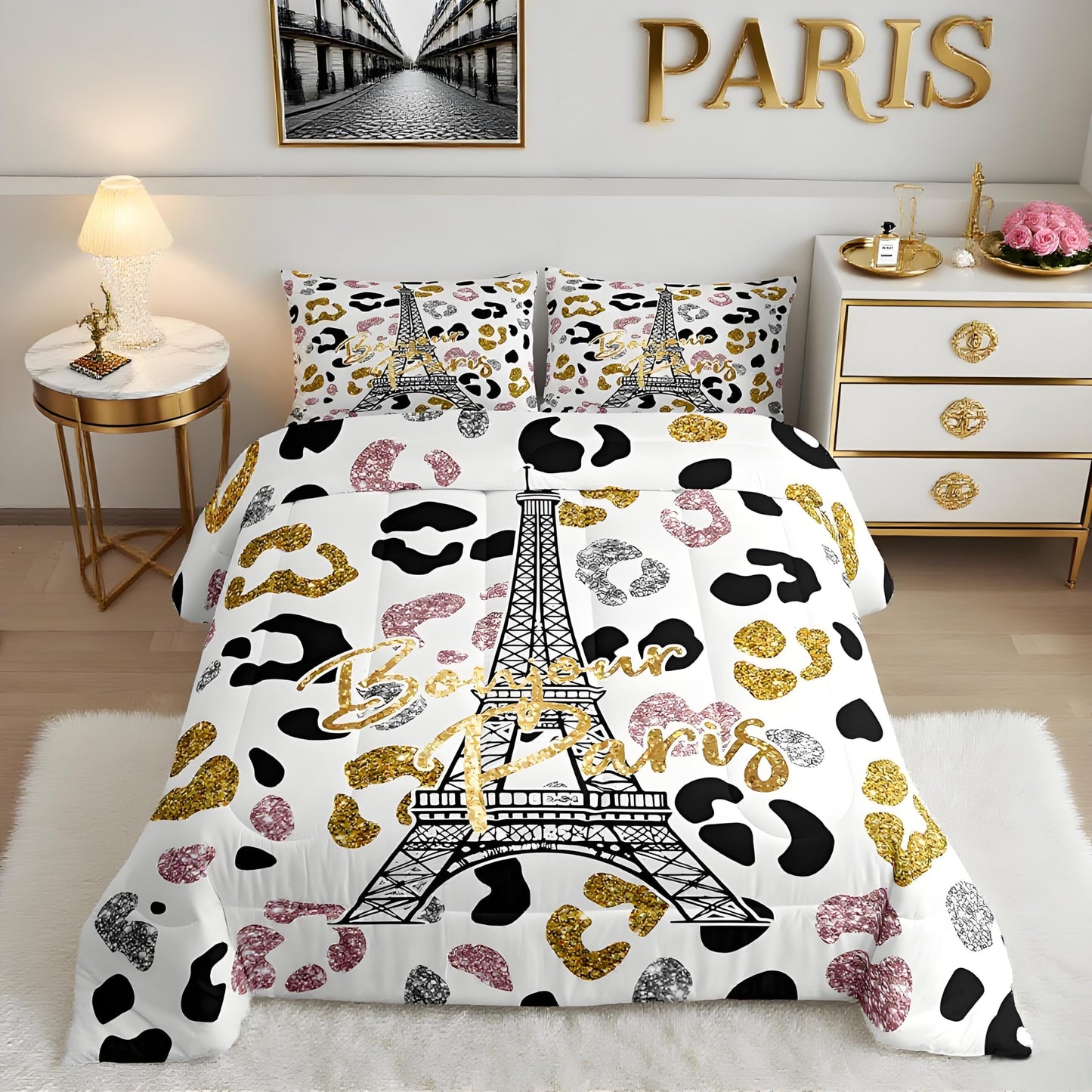 Feelyou Eiffel Tower Comforter Set Leopard Print Bedding Set for Kids Boys Girls Paris Tower Comforter Cheetah Print Quilt Set 1 Comforter Set with 2 Pillowcases Full Size