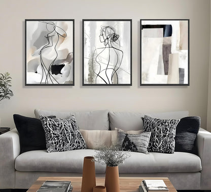 3pcs Black White Abstract Line Wall Art Female Figure Silhouette & Geometric Elements Pictures Posters Modern Minimalist Canvas Paintings Wall Decor For Living Room Bedroom Decoration Unframed